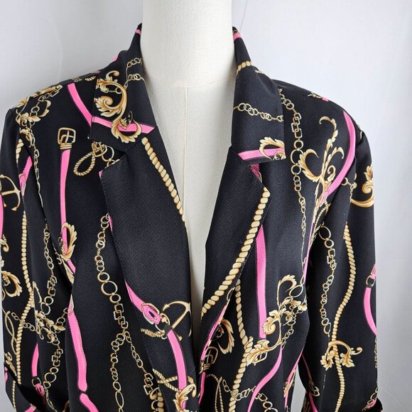 Frank Lyman Montreal Crepe Knit Collared Jacket Size 18 Black Pink Equestrian - Picture 5 of 11